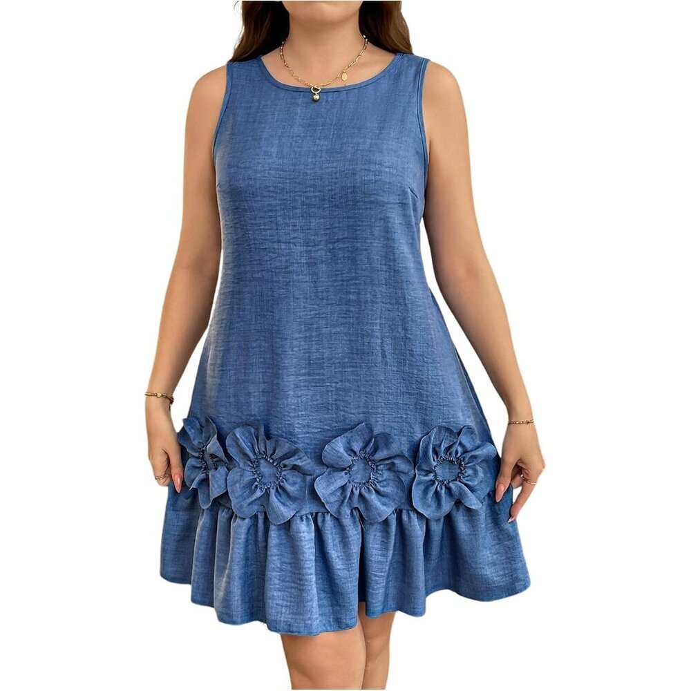 Women's Plus Size 3D Floral Sleeveless Denim Dress Ruffle Hem Casual Wear